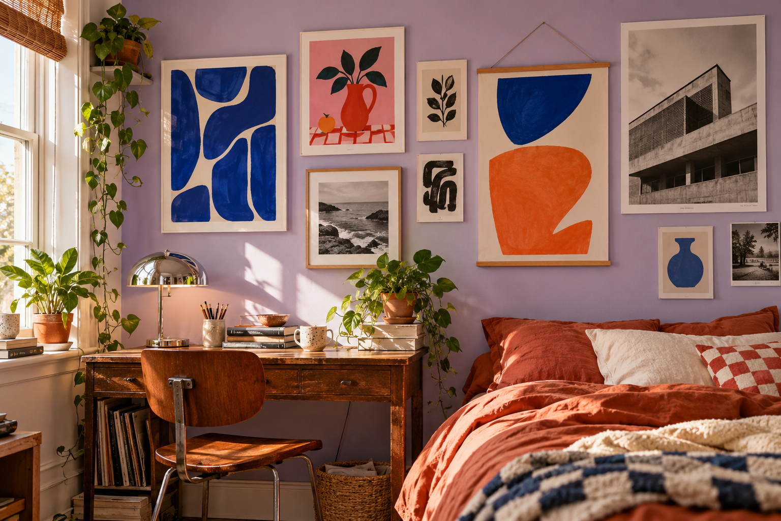 Colourful art prints on a lavender bedroom wall above a desk and terracotta bed