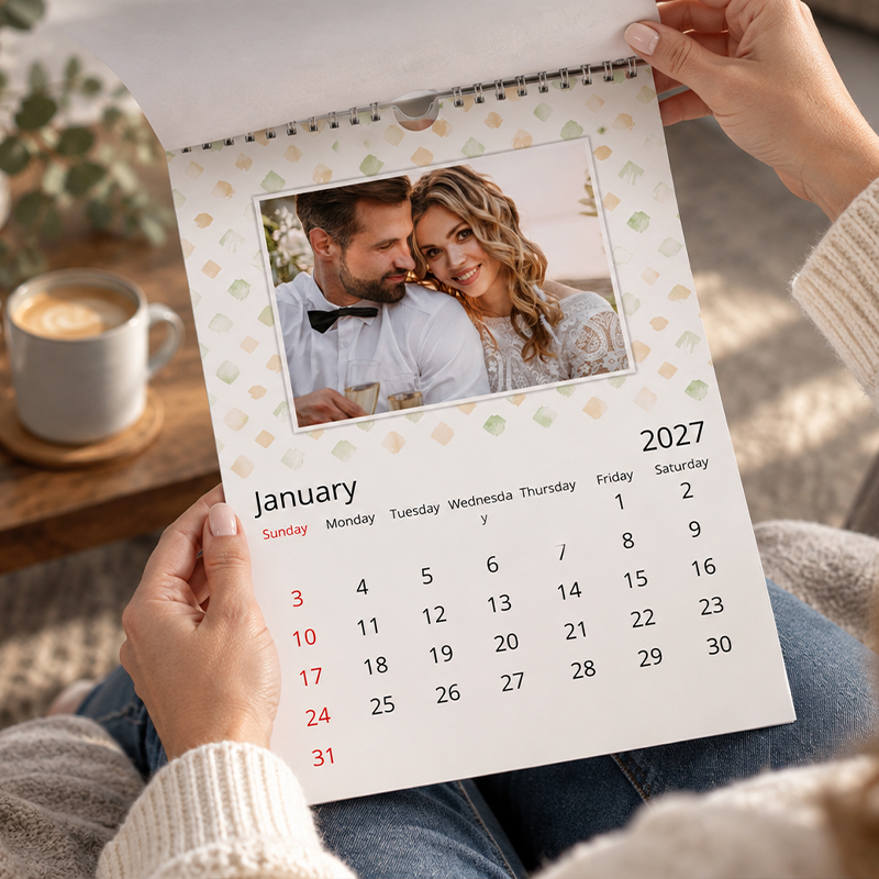 A4 personalised wall calendar being held and viewed