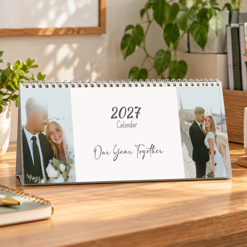 Personalised desktop calendar displayed on a desk