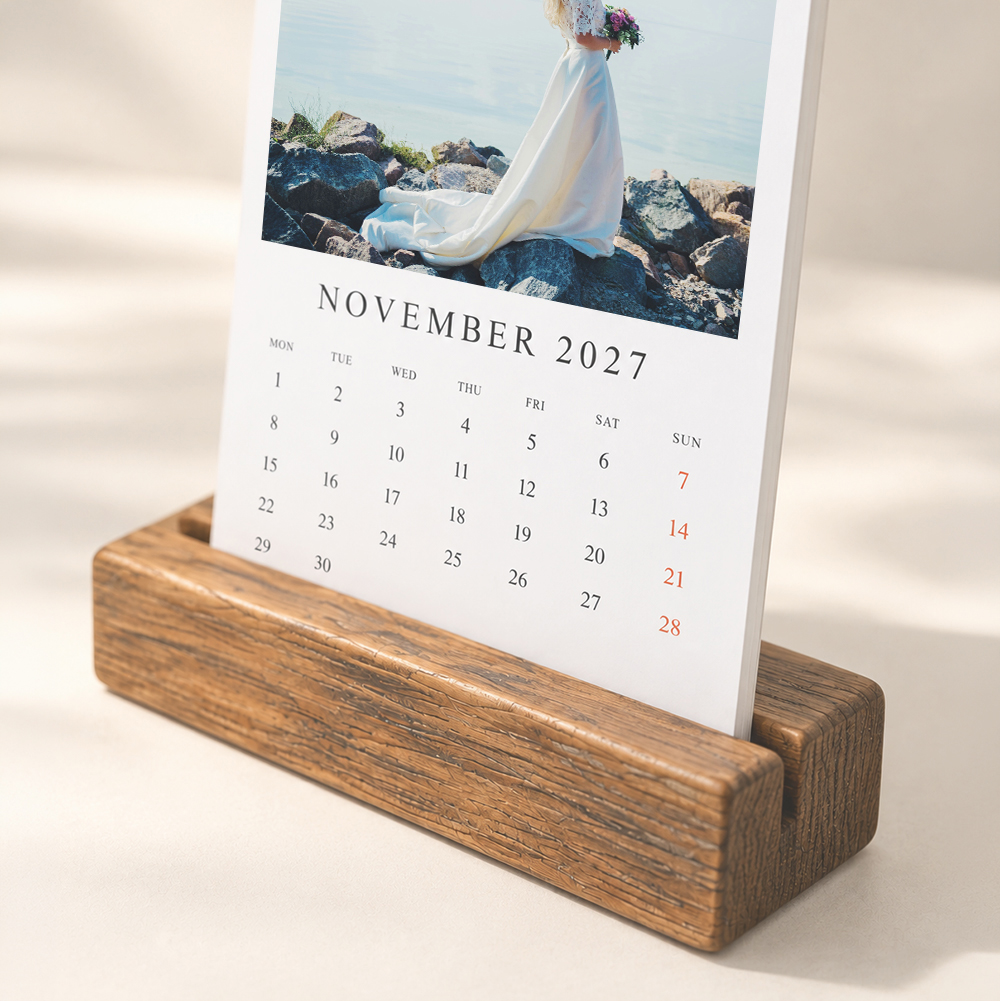 Personalised calendar in a reclaimed wooden block stand