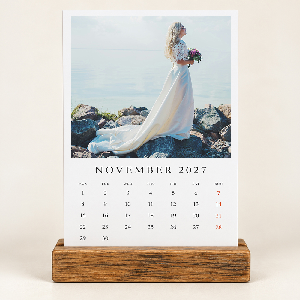Personalised calendar in a reclaimed wooden block stand