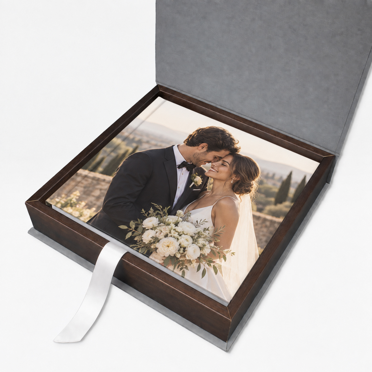 Luxury Photo Book in an upgraded wooden presentation box with coordinating material wrap