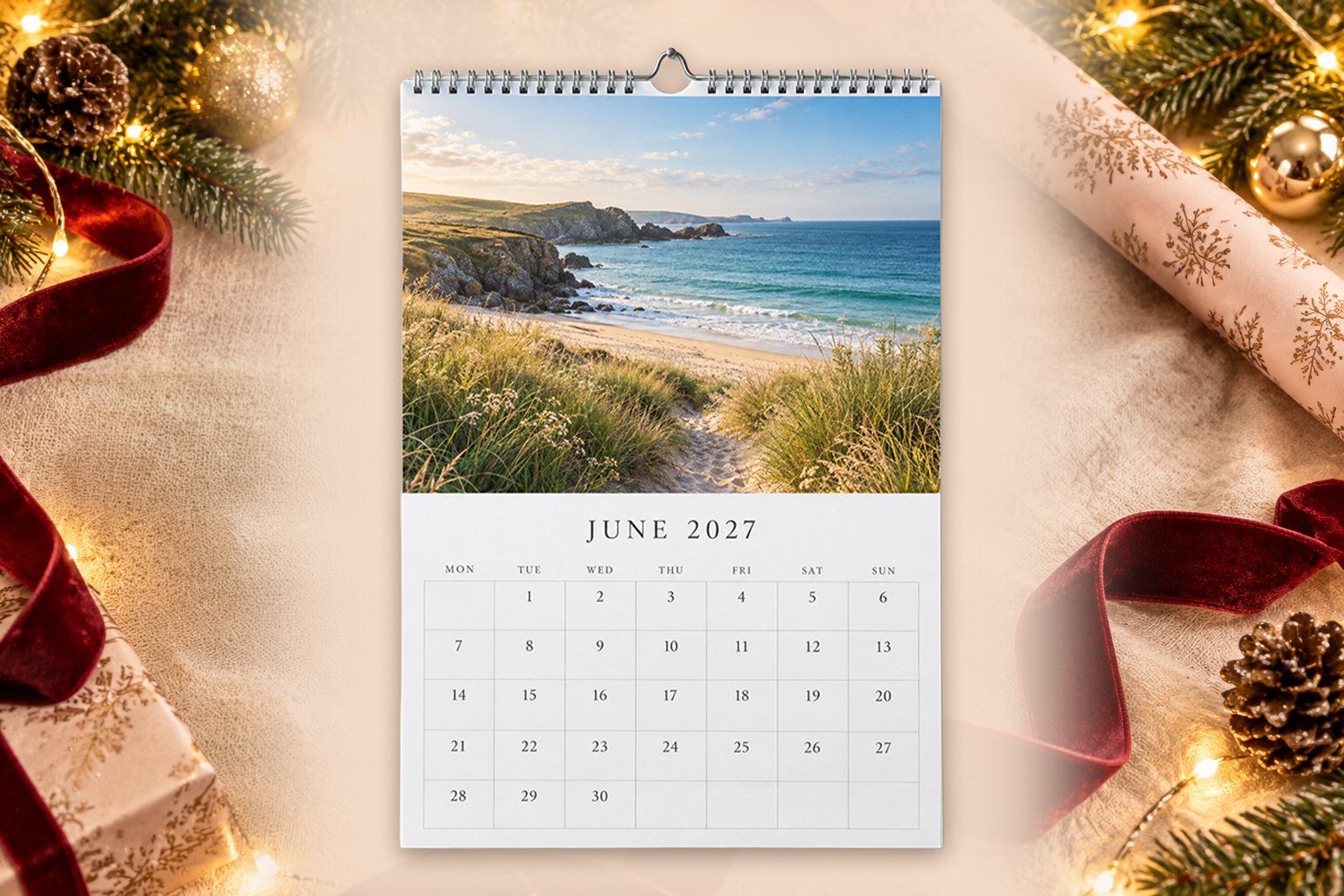 Personalised wall calendar with a coastal photograph
