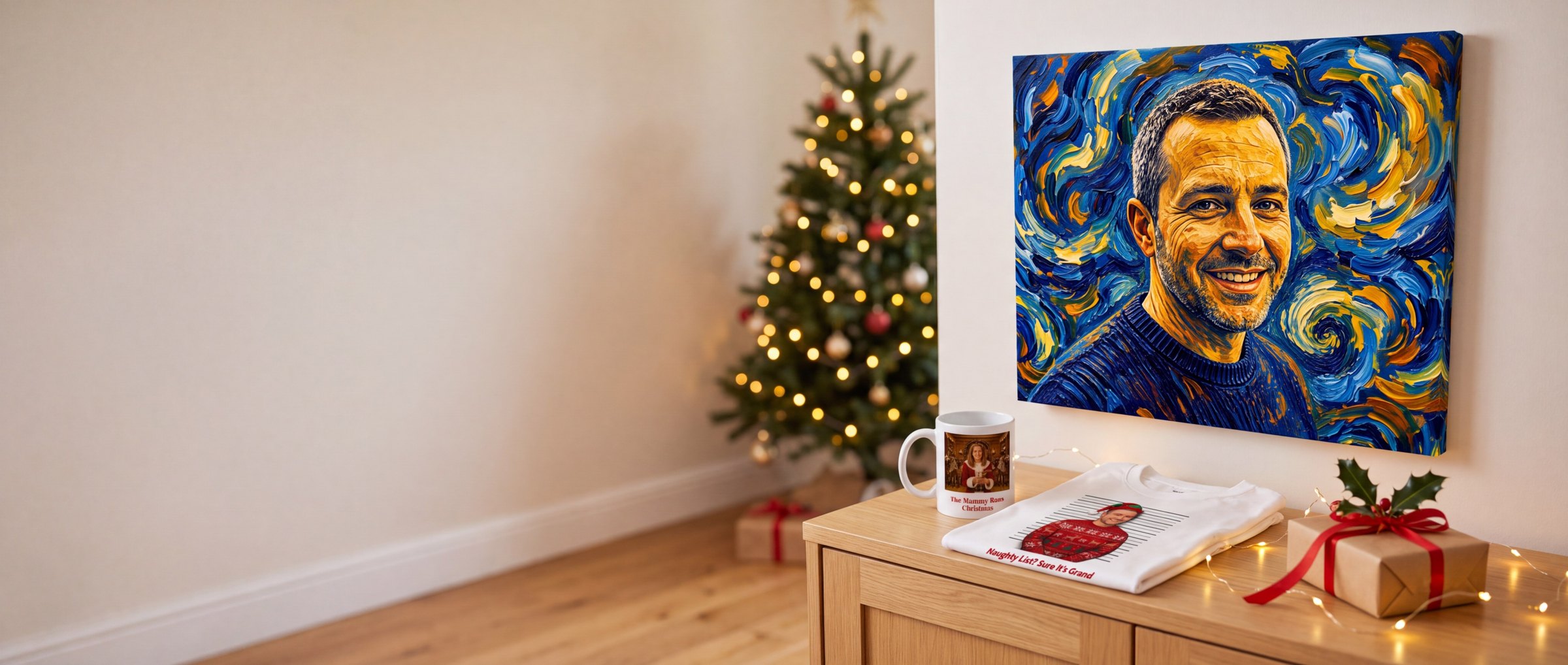 Mug, T-shirt and canvas personalised with Masterpiece AI